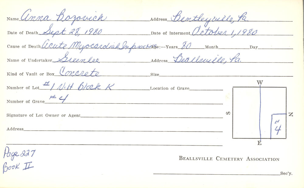 Anna Bozovich burial card